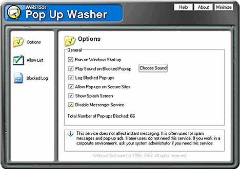 webroot popup washer options screen